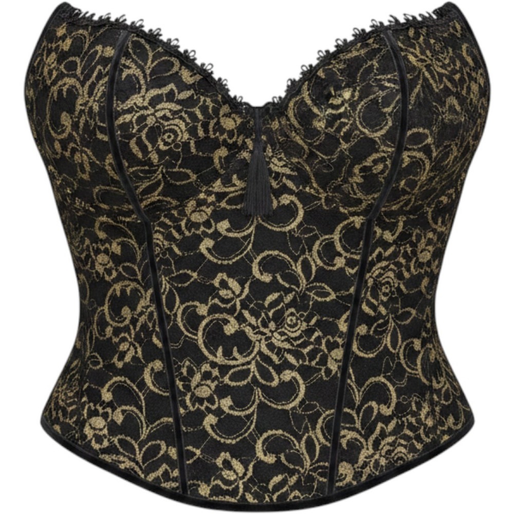 Black Gold Floral‎ Lace Corset BustierTop 36 Gothic Victorian Dark Academia Lux